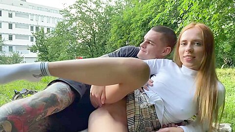 Small Titted Redhead Is Sucking Dick In The Nature And